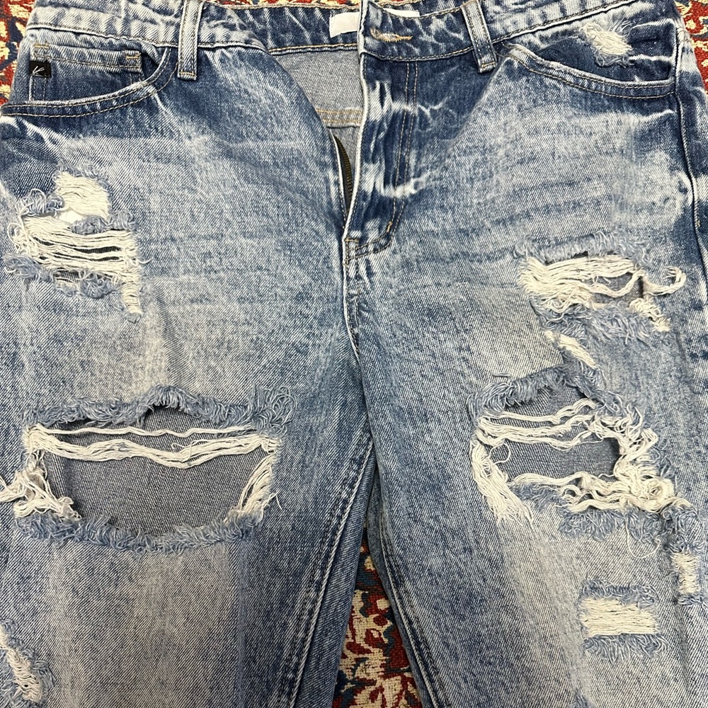 KanCan light acid washed high rise distressed boyfriend jeans.